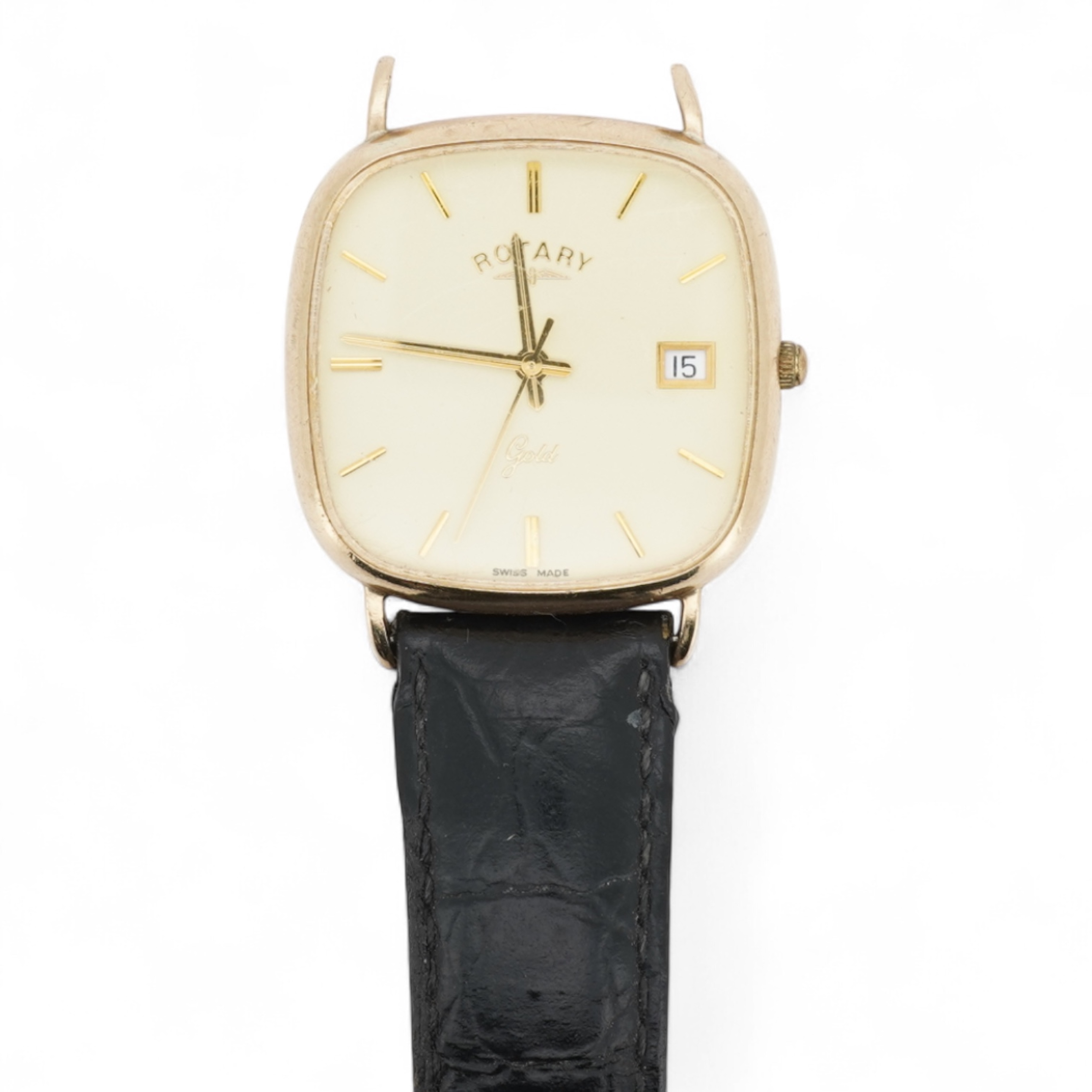 A gentleman's recent 9ct gold Rotary quartz wristwatch, with shaped square dial, baton numerals and date aperture, case diameter 30mm, part of associated leather strap missing.